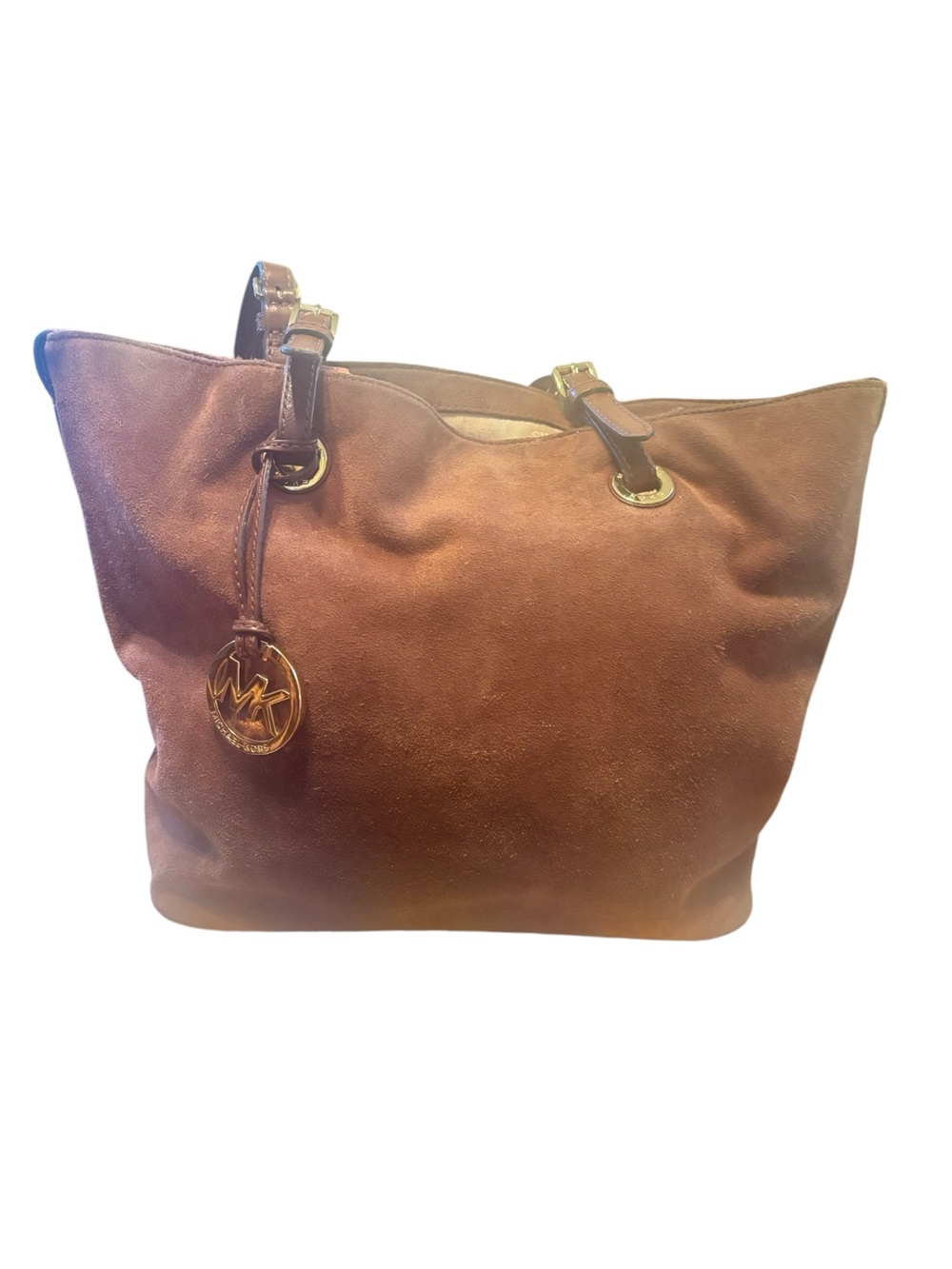 Michael Kors Brown Suede Leather Tote with Gold Accent Charm- good condition
